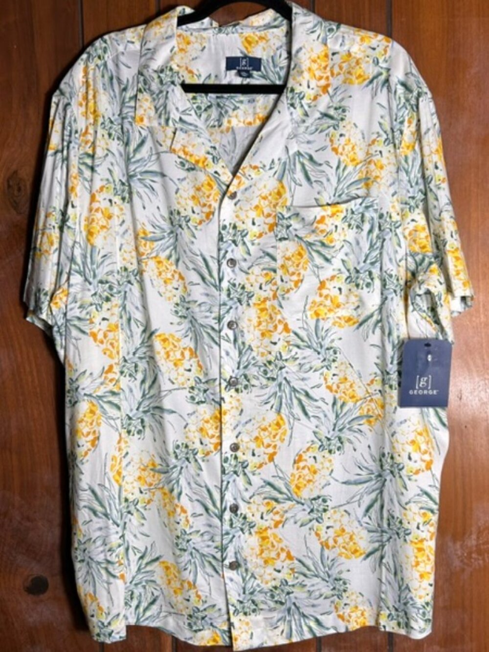 George Mens Pineapple Tropical Hawaiian Button Short Sleeve Camp Shirt 2XL NWT